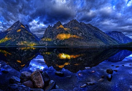 Reflections - pretty, blue, amazing, evening, reflection, shore, lake, nice, cloudy, sky, water, beautiful, mirrored, lovely, darkness, peaks, river, nature, lights, dusk