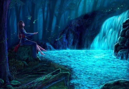 Waterfall in forest - magic, water, waterfall, fairyland, amazing, dark, pretty, girl, magical, elfs, lovely, ghost, forest, wishes, beautiful, splendor, colors, fairy