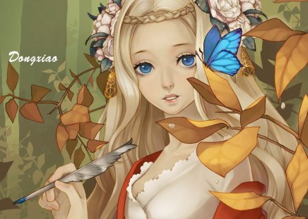 âœ«Adorable Girls with Butterflyâœ« - lips, eyes, hair, other, adorable girls with butterfly, face, art, pretty, cool, feather, anime, cute, dong xiao, girl, lovely, butterfly, blue, leaves, sweet, flowers, colors