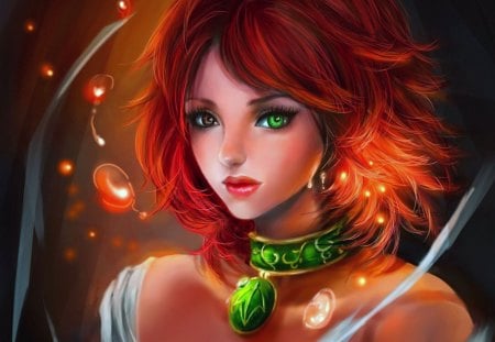 â˜…DIFFERENT EYES GIRLâ˜… - lips, hair, eyes, bubbles, face, gorgeous, art, pretty, cool, cute, pendant, girl, adorable, red hair, lovely, sparkle, charm, beautiful, different eyes girl, different eyes, sweet, colors, redheads, rikamello, green eye