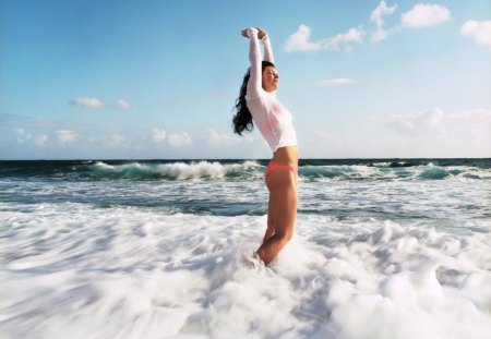 girl in sea foam - oceans, girl, sea, foam