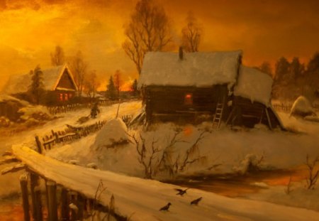 Winter - cottage, new year, meet, magic, countryside, cold, holiday, frozen, snowy, little, fence, light, park, snowflakes, deer, forest, snow, beautiful, frost, cabin, nice, sky, trees, painting, home, pretty, mood, house, care, alleys, tree, ice, girl, winter, warmth, yard, lovely, christmas, village, kindness, roe