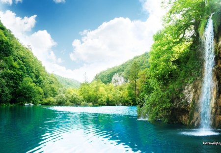 waterfall on Lake - lake, waterfall, mountain, tree