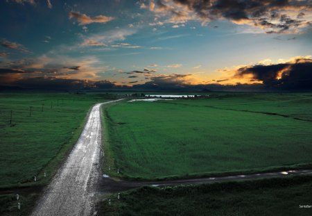 crossroads in the field - crossroads, field, grass, sky