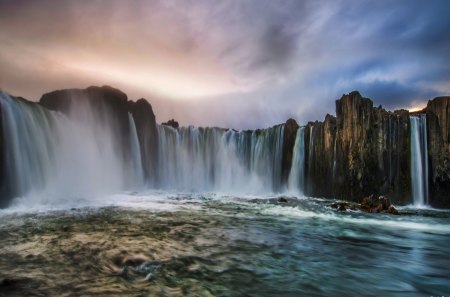 waterfalls - river, waterfalls, stone, sky