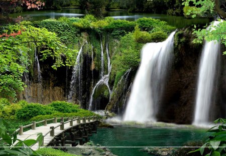 waterfalls - waterfalls, bridge, grass, river