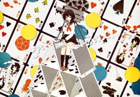 The Queen of Cards - card house, clovers, hearts, girl, camera, anime, colorful, cards