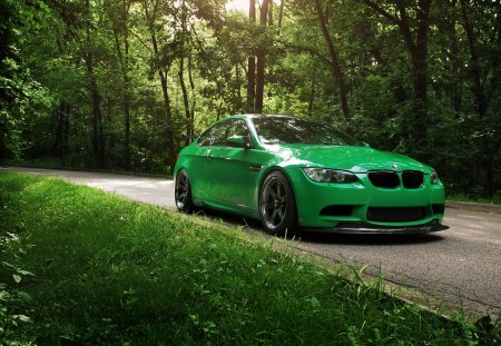 bmw - green, bmw, car, road