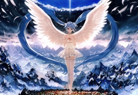 Heaven's Justice - angel, wings, hatsune, nature, vocaloid, snow, anime, miku, flowers