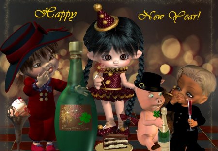 Happy New Year! - new year, elves, pig, champagne, fairy