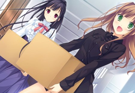 Moving On Up - girls, boxes, green eyes, pretty, long hair, anime