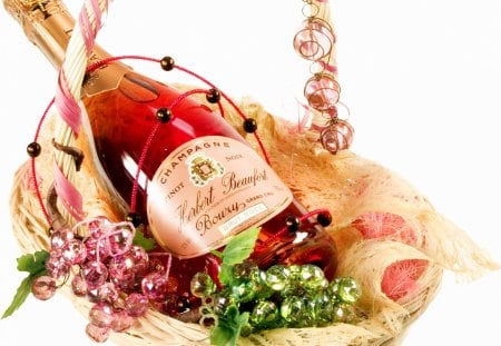 âœ°New Year with Champagneâœ° - new year, greetings, 2013, champagne, basket, bottle of champagne, festive, gifts, new year with champagne, celebrations, winter, cheer, beads, jolly, christmas, holidays, seasons, drinks, happy, festival