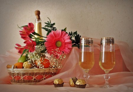 âœ°Happy with Champagneâœ° - new year, 2013, greetings, photography, champagne, basket, desserts, bottle of champagne, foods, happy with champagne, festive, chocolate, love, celebrations, glass, fruits, winter, cheer, lovely, jolly, christmas, holidays, seasons, sweet, drinks, festival, happy