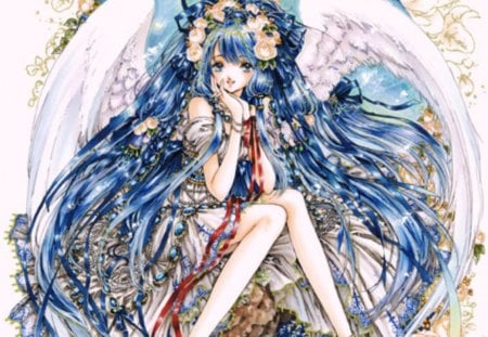 ~â€ADOREâ€~ - hot, angel, magic, wings, anime girl, white, exquisite, petals, feather, ribbon, sexy, lady, adorable, blue eyes, long hair, jewel, royalty, divine, floral, gemstone, beautiful, sweet, dress, beauty, woman, women, gems, female, fantasy, angelic, gorgeous, pretty, anime, amour, cute, maiden, love, jewelry, girl, magical, gown, lovely, blue hair, precious, kawaii, wing, sublime, blue, blossom, flowers, adore, flower