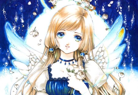 ~â€ADOREâ€~ - hot, angel, magic, wings, anime girl, white, exquisite, blonde hair, petals, feather, sexy, lady, adorable, blue eyes, long hair, jewel, royalty, divine, floral, gemstone, beautiful, sweet, dress, beauty, woman, women, gems, female, fantasy, angelic, gorgeous, pretty, anime, amour, cute, maiden, love, jewelry, girl, magical, gown, lovely, precious, kawaii, wing, sublime, blue, blossom, flowers, blonde, adore, flower