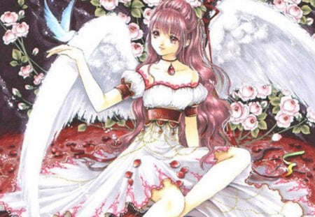 ~â€ADOREâ€~ - hot, angel, magic, wings, anime girl, white, exquisite, petals, feather, sexy, lady, adorable, long hair, jewel, royalty, red hair, divine, floral, gemstone, beautiful, sweet, dress, beauty, woman, women, gems, female, fantasy, angelic, red eyes, gorgeous, pretty, locket, anime, amour, cute, maiden, love, jewelry, girl, magical, necklace, gown, lovely, bird, precious, kawaii, red, wing, sublime, blossom, flowers, adore, flower