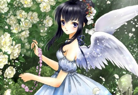 ~â€ADOREâ€~ - hot, angel, magic, wings, anime girl, black hair, exquisite, purple eye, petals, feather, sexy, lady, adorable, jewel, long hair, royalty, divine, floral, gemstone, beautiful, sweet, dress, beauty, woman, women, gems, female, fantasy, angelic, gorgeous, pretty, anime, amour, cute, maiden, love, jewelry, girl, magical, gown, lovely, precious, kawaii, wing, sublime, blossom, flowers, adore, flower