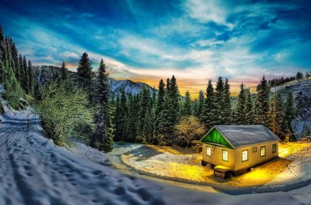 Winter cabin - nice, cottage, sky, slope, anowy, trees, peaceful, anow, calm, view, pretty, cold, house, light, winter, lovely, serenity, nature, village, beautiful, cabin