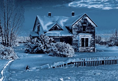 Blue snowfall - cottage, snowfall, sky, winter, field, snowflakes, nature, calmness, cold, frost, blue, beautiful, cabin, house, frozen, snowy