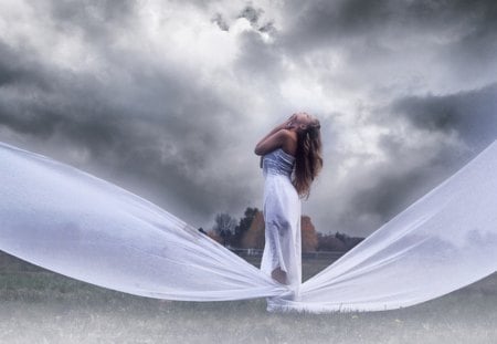 Before the storm - storm, clouds, nature, woman, dress