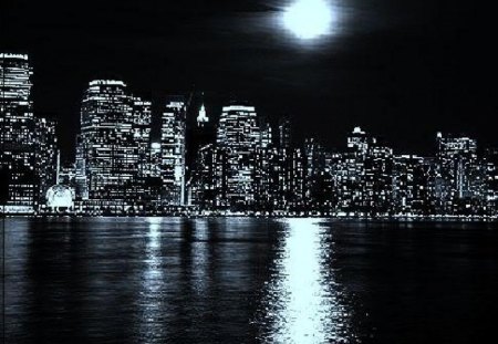 Night lights - moon, night lights, dark, night, architecture, cityscape, buildings, lights