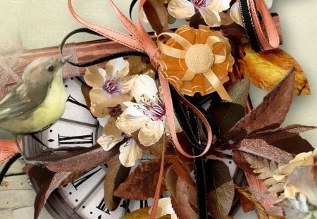 Days Gone By II - bird, clock, fleurs, flowers, fall, new year, vintage, time, rose, ribbon, bow, old fashion