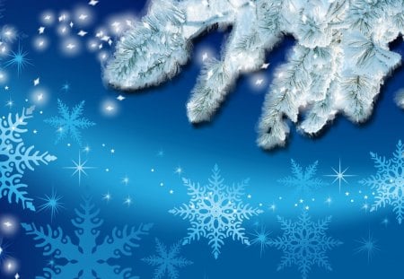 Frosty Snowflakes - stars, frosty, winter, snowflakes, shine, christmas, bright, glow, cold, snow, blue, tree, feliz navidad