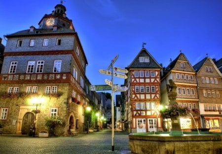 town center in herborn germany - center, fountain, town, lights, signs