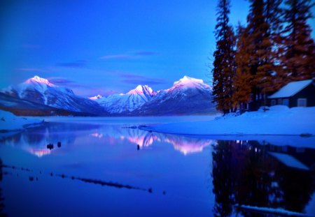 focus on mountains at dusk - trees, focus, cabin, lake, dusk, mountains