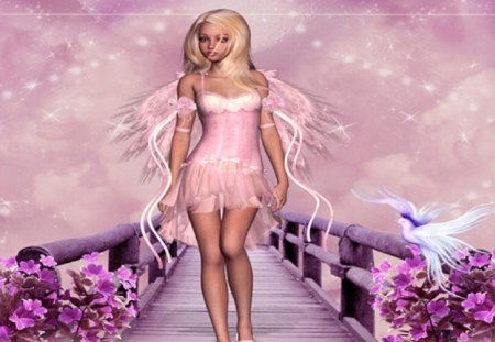 Pink Angel - blond long hair, pink angel, pink dress, wings, flowers, birds, pink background