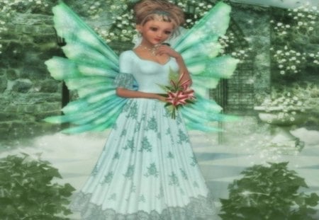 Green fairy - nice, beautiful look, green fairy, flowers, fantasy