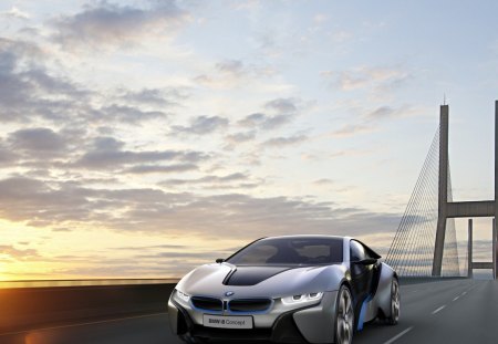 bmw i8 - i8, bmw, road, clouds