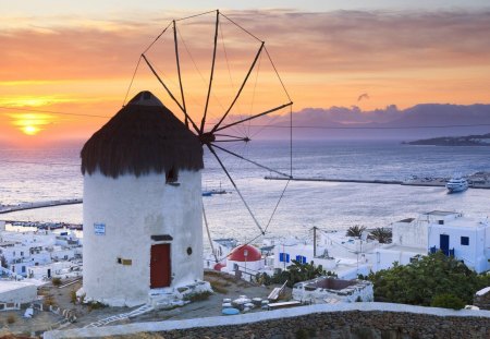 windmill on a greek isle at sunset - village, windmill, sunset, sea