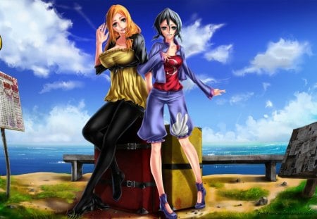 Orihime & Rukia - clouds, inoue orihime, anime, rukia kuchiki, ocean, females, orihime, bleach, rukia, kuchiki rukia, orihime inoue, sky