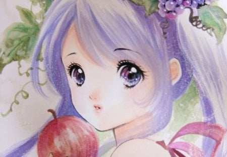 ~â€KAWAIIâ€~ - hot, magic, anime girl, exquisite, food, ribbon, lady, adorable, long hair, purple hair, divine, beautiful, sweet, woman, women, beauty, female, angelic, gorgeous, pretty, anime, amour, cute, apple, purple eyes, maiden, love, girl, magical, lovely, fruit, kawaii, precious, sublime, grape, adore