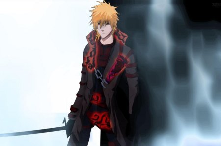 Kurosaki Ichigo - male, kurosaki ichigo, lone, bleach, trench coat, katana, weapon, anime, ichigo kurosaki, ichigo, sword, coat