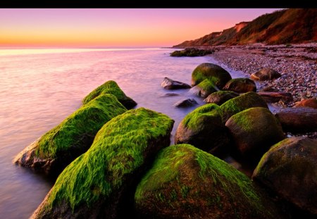 Mossy Rocks Sunset - mossy, sunset, beach, rocks