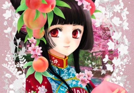 Sweet Peach - hot, magic, anime girl, plum, black hair, cherry blossom, exquisite, sakura blossom, oriental, food, lady, adorable, long hair, red eye, divine, floral, sakura, beautiful, sweet, chinese, dress, beauty, woman, women, female, angelic, gorgeous, pretty, anime, amour, cute, maiden, love, girl, magical, lovely, fruit, precious, kawaii, sublime, blossom, flowers, adore, flower