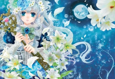 Key of Fantasia - key, pretty, magic, female, blossom, maiden, sublime, white hair, flowers, exquisite, silver hair, blue eyes, women, gown, hot, beauty, love, flower, lady, cute, jewelry, floral, broach, anime, divine, blue, kawaii, dress, amour, long hair, adore, magical, precious, gorgeous, moon, anime girl, water, beautiful, gems, girl, lovely, jewel, sweet, gmstone, bubble, woman, angelic, adorable