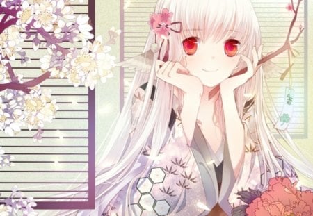 Sweet Blossom - hot, magic, anime girl, exquisite, cherry blossom, sakura blossom, ribbon, silver hair, lady, adorable, long hair, divine, sakura, floral, beautiful, sweet, woman, women, beauty, female, angelic, red eyes, gorgeous, pretty, anime, amour, cute, maiden, love, girl, magical, lovely, kawaii, precious, sublime, blossom, flowers, adore, white hair, flower