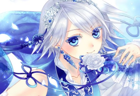 Lady Blue - pretty, magic, female, blossom, maiden, sublime, white hair, flowers, blue hair, exquisite, silver hair, blue eyes, women, gown, hot, beauty, fan, love, flower, lady, cute, jewelry, floral, anime, tiara, divine, blue, kawaii, crown, dress, amour, long hair, adore, magical, precious, gemstone, gorgeous, ribbon, anime girl, beautiful, gems, girl, lovely, jewel, sweet, woman, angelic, adorable