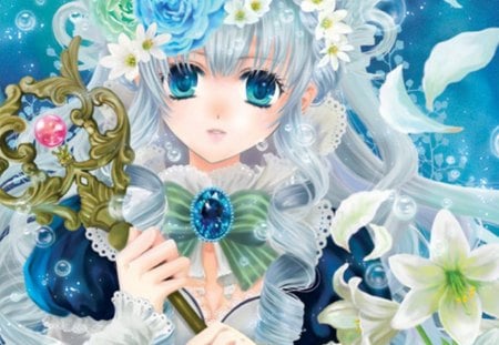 Key of Fantasia - key, pretty, magic, female, blossom, maiden, sublime, white hair, flowers, exquisite, silver hair, blue eyes, women, gown, hot, beauty, love, flower, lady, cute, jewelry, floral, broach, anime, divine, blue, kawaii, dress, amour, long hair, adore, magical, precious, gorgeous, anime girl, water, beautiful, gems, girl, lovely, jewel, sweet, gmstone, bubble, woman, angelic, adorable