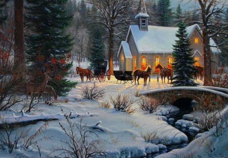 Forest guests - nice, cottage, trees, cart, stream, creek, horses, painting, pretty, cold, evening, deers, river, holiday, house, tree, bridge, light, winter, shore, lovely, christmas, nature, village, forest, snow, beautiful, guests, cabin, roe