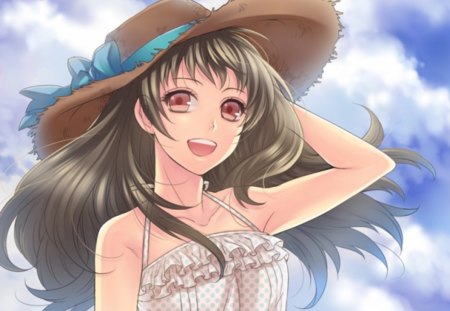 Sweet Breeze - pretty, magic, female, blossom, maiden, sublime, flowers, exquisite, women, brown eyes, breeze, gown, hot, beauty, love, flower, wind, lady, cute, floral, anime, divine, kawaii, dress, amour, long hair, adore, magical, precious, gorgeous, ribbon, sky, hat, anime girl, beautiful, girl, lovely, brown hair, sweet, woman, winds, angelic, cloud, adorable