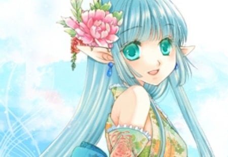 Elf - pretty, magic, female, blossom, maiden, sublime, green eyes, flowers, blue hair, exquisite, women, gown, hot, beauty, love, flower, lady, cute, floral, anime, divine, kawaii, dress, amour, long hair, adore, magical, precious, gorgeous, anime girl, beautiful, girl, lovely, sweet, elf, woman, angelic, adorable