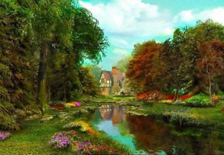 English country garden - nice, beauty, cottage, sky, trees, paradise, countryside, greenery, water, stream, colorful, creek, painting, amazing, pretty, reflection, calmness, river, house, grass, garden, park, summer, lovely, serenity, country, village, forest, beautiful, flowers