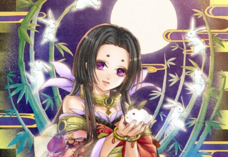 Moon Bunny - pretty, magic, female, blossom, maiden, sublime, bamboo, flowers, animal, exquisite, purple hair, women, gown, hot, chinese, beauty, love, bunny, flower, oreintal, lady, cute, floral, anime, divine, kawaii, dress, amour, long hair, plant, adore, magical, precious, gorgeous, moon, rabbit, anime girl, beautiful, girl, lovely, sweet, woman, black hair, angelic, adorable