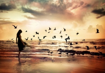 ♥ - waves, girl, sea, seagulls