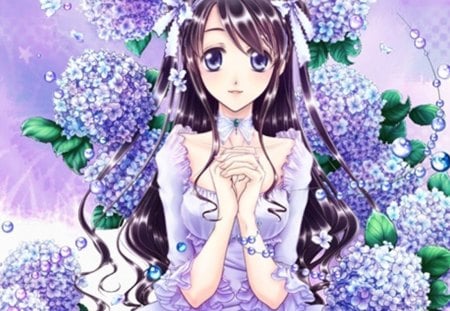 Flower Blessing - hot, magic, anime girl, purple, exquisite, lady, adorable, long hair, divine, floral, beautiful, sweet, dress, woman, women, beauty, female, brown hair, angelic, gorgeous, pretty, anime, amour, purple eyes, cute, maiden, love, girl, magical, gown, lovely, kawaii, precious, sublime, blossom, flowers, adore, flower