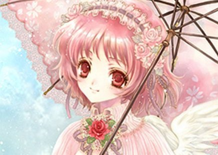 Angel n Umbrella - pretty, magic, female, wing, blossom, maiden, angel, sublime, flowers, umbrella, exquisite, women, gown, hot, beauty, feather, love, flower, red eyes, lady, wings, cute, floral, anime, divine, kawaii, dress, amour, adore, magical, precious, short hair, gorgeous, pink hair, anime girl, beautiful, girl, lovely, sweet, woman, angelic, adorable